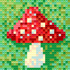 Amanita mushroom is painted in pixel style for individual design.