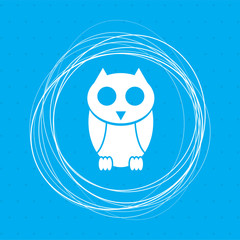 Cute owl cartoon character icon on a blue background with abstract circles around and place for your text.