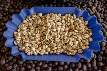Dried raw coffee grains on the coffee fruits