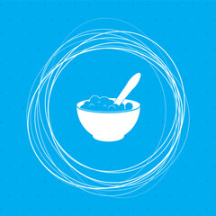 porridge icon on a blue background with abstract circles around and place for your text.