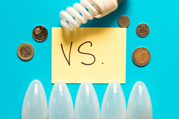 Energy-saving Lamp vs. incandescent lamp . The concept of energy saving . Isolated on turquoise...