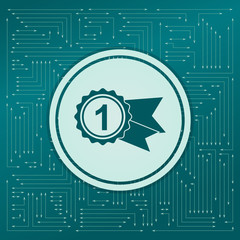 award, badge with ribbons icon on a green background, arrows in different directions. It appears the electronic board.