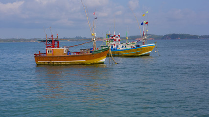 Fototapeta premium Fishing Boats in Weligama, Sri Lanka. Sri Lankan Fishing. Sea view from the Port.