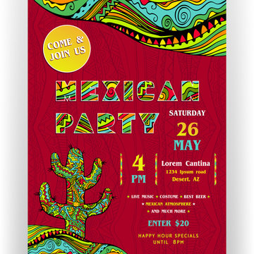 Mexican party announcing poster template. Text customized for invitation. Ornate letters and cactus.