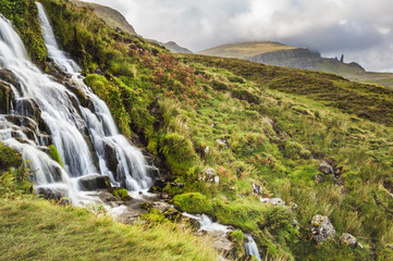 Waterfall below Old Man of Storr, near Portree, Isle of Skye, Highland, Scotland, United Kingdom, Europe