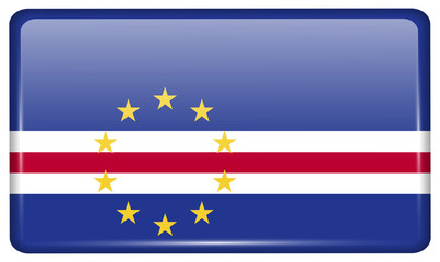 Flags Cape Verde in the form of a magnet on refrigerator with reflections light.