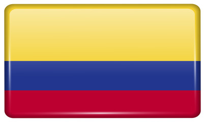 Obraz premium Flags Colombia in the form of a magnet on refrigerator with reflections light.