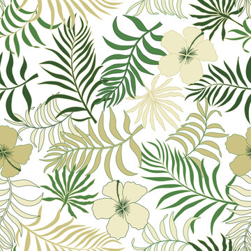 Tropical background with palm leaves and flowers. Seamless floral pattern. Summer vector illustration © bell1982