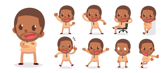Set of tiny black businessman character in actions.
