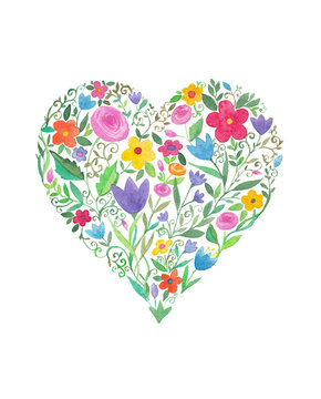 Heart of flowers, sweet, colorful, watercolor illustration. Valentine's day card. Hand drawn on white backgound.