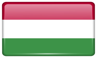 Flags Hugary in the form of a magnet on refrigerator with reflections light.