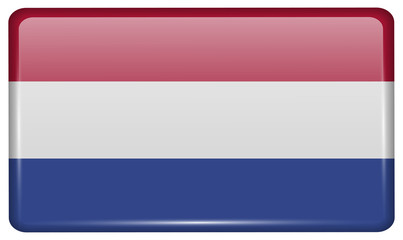Flags Netherlands in the form of a magnet on refrigerator with reflections light.