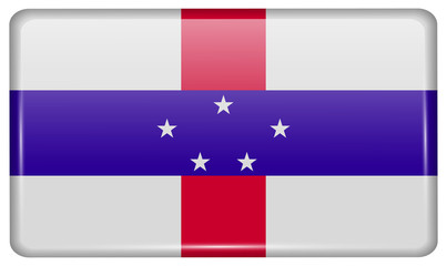 Flags Netherlands Antilles in the form of a magnet on refrigerator with reflections light.