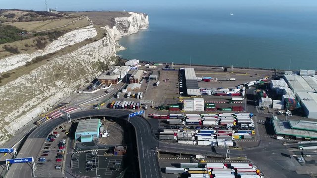 Aerial flight moving over Port of Dover is cross-channel port situated in Dover Kent south-east England it is the nearest English port to France and is one of the worlds busiest passenger ports 4k