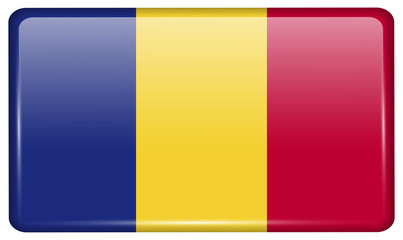 Flags Romania in the form of a magnet on refrigerator with reflections light.