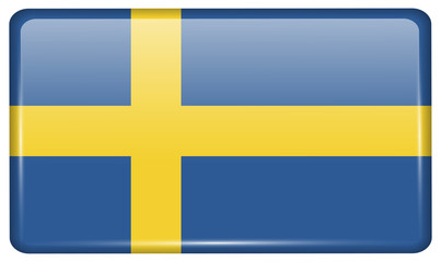 Flags Sweden in the form of a magnet on refrigerator with reflections light.
