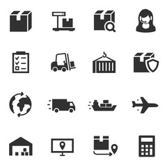 Logistics, Monochrome icons set. transportation and delivery of goods, isolated vector simple symbols collection