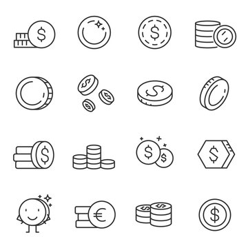 Coin Icon Set. Collection Of Coins Icons, Dollar And Euro, Linear Design. Line With Editable Stroke