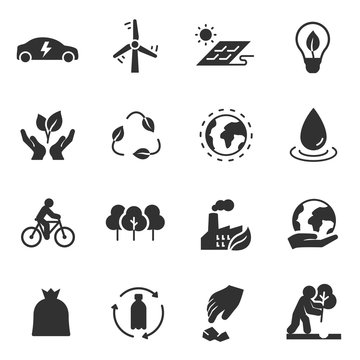 Ecology Monochrome Icon Set. Conservation And Restoration Of The Environment, Simple Symbols Collection