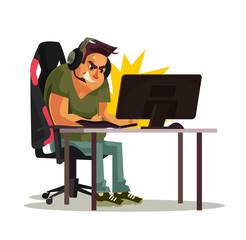 Angry mad gamer call center operator manager office worker character lose game and hit punch computer pc keyboard. Fail cyber internet virus ddos error concept © PrettyVectors