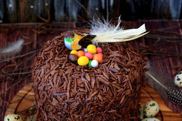Easter cake with sweets and decorative bird