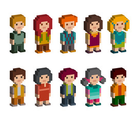 Colourful set of pixel art style 3d characters. Men and women are standing on white background. Vector illustration.