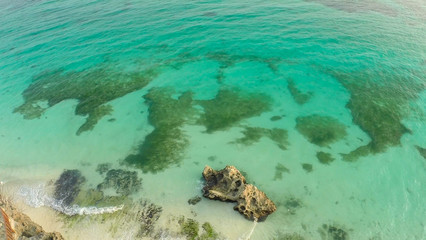 Fototapeta na wymiar A beautiful light green coast with reefs and a loving couple on the balcony above the beach. The beautiful nature of the Philippines. Aerial view.