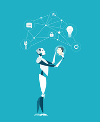 Human turning to be an immortal robot. Future reality of medicine. Artificial organs and pieces of body. Lasting forever life concept illustration 