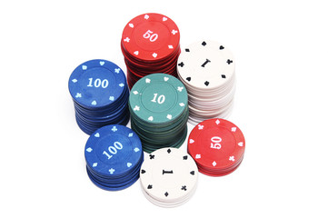 Casino chips on white background isolated.