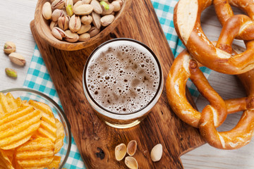 Lager beer and snacks