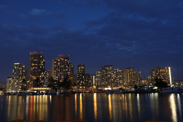 Fototapeta na wymiar Magic Island, Boat harbor, full moon night, City Skyline, Night Life, Oahu, Honolulu, Hawaii