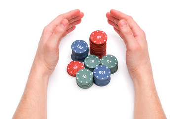 Man hands protect currency casino chips