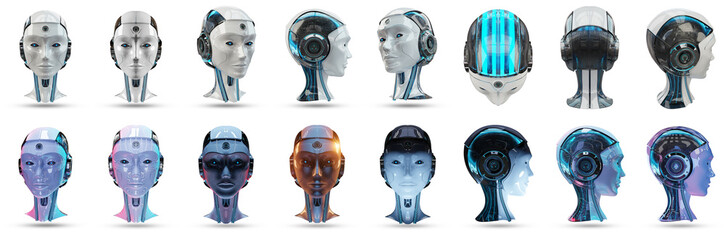 Cyborg head artificial intelligence pack 3D rendering - obrazy, fototapety, plakaty