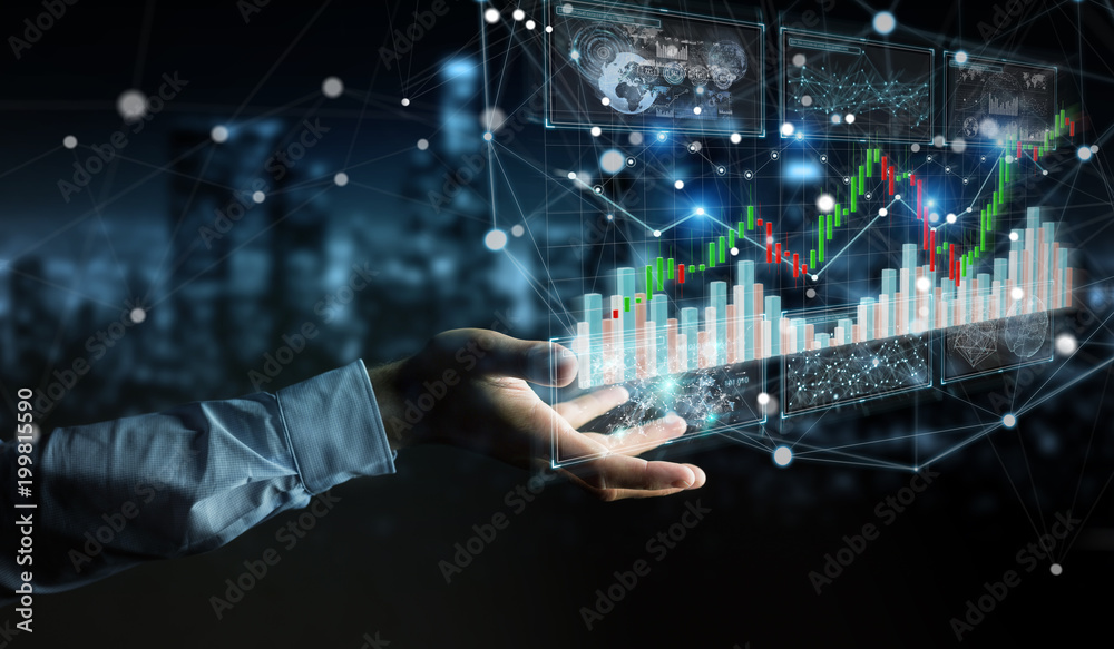 Fototapete businessman using 3d rendering stock exchange datas and charts