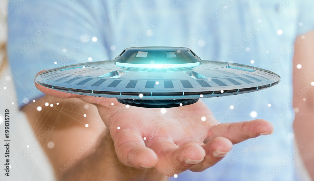 Poster businessman with retro ufo spaceship 3d rendering