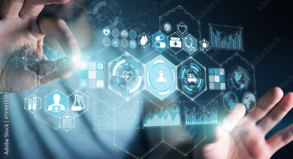 Poster businessman using digital medical interface 3d rendering