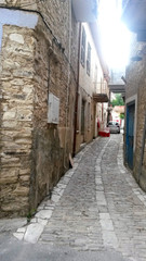 The narrow backstreet decorated with flowers in pots and green plants, Lefkara, Cyprus.