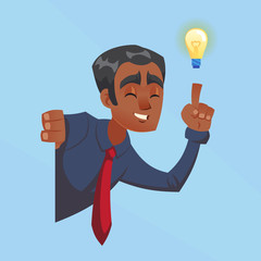 businessman male dark skin with bulb, idea, inspiration peeking out the corner cartoon flat design vector illustration