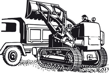 Excavator with truck, Retro Vector Illustration