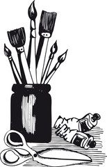Brushes, colors and scissor, Retro Vector Illustration