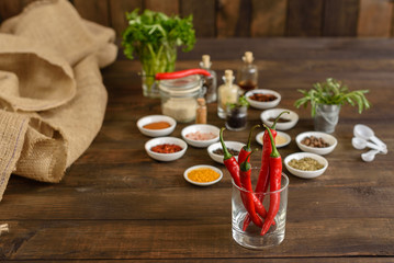 Various spices against a dark background. Food ingredients