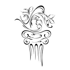 object 5. stylized twig with leaves on pedestal in smooth black lines on white background