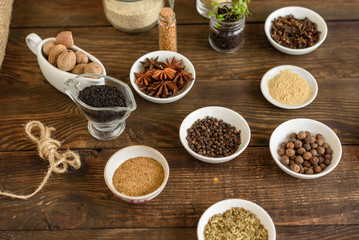 Various spices against a dark background. Food ingredients