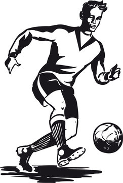 Dribbling Soccer Player, Retro Vector Illustration