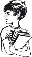 Boy with exercing books, Retro Vector Illustration