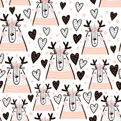 Foto op Plexiglas Baby hert Naadloos kinderachtig patroon met schattig meisje, harten. Creatieve kindertextuur voor stof, verpakking, textiel, behang, kleding. vector illustratie