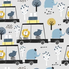 Wallpaper murals Cars Seamless childish pattern with cute friends, lion, hippo, elephant in the car. Creative kids texture for fabric, wrapping, textile, wallpaper, apparel. Vector illustration