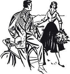 Plakat Young couple with bicycles, Retro Vector Illustration