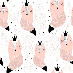 Seamless pattern with hand drawn foxes princess. Creative scandinavian modern texture for fabric, wrapping, textile, wallpaper, apparel. Vector illustration
