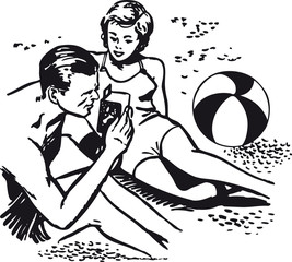 Man and woman at the beach with camera, Retro Vector Illustration